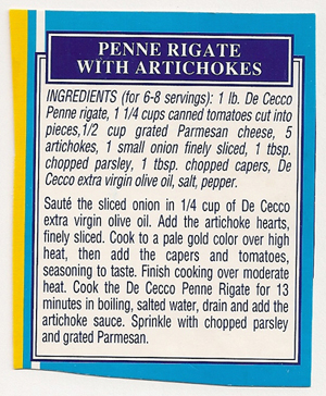Penne Rigate with Artichokes recipe from a De Cecco box