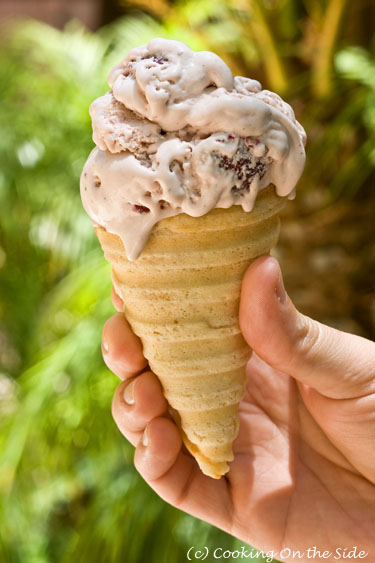 Homemade strawberry ice cream on a homemade ice cream cone (made on a panini press!)