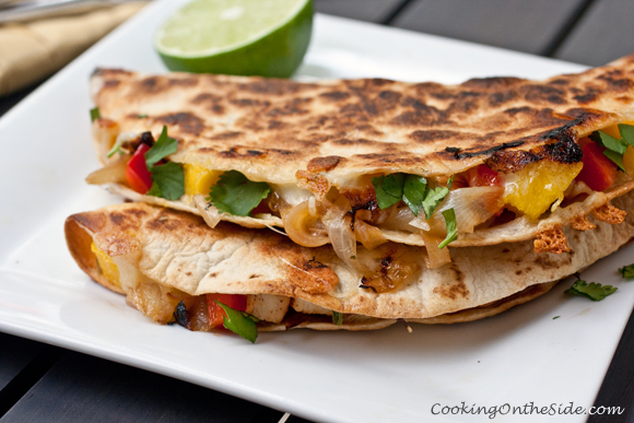 Chicken, Caramelized Onion and Mango Quesadillas